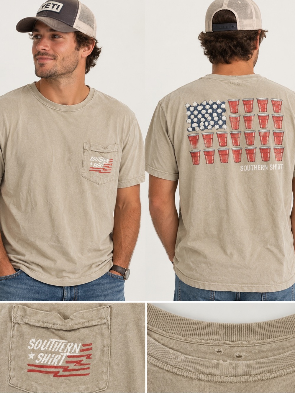 Southern Shirt American Cup Pong Graphic Tee Men’s L Vintage Wash USA Flag
